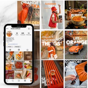 Może przedstawiać: Smartfon wyświetlający profil na Instagramie o nazwie The Brand Feast, otoczony siatką dziewięciu zdjęć w odcieniach pomarańczu, przedstawiających odzież, jedzenie, zabytkowy samochód oraz zdjęcia lifestylowe z różnymi nakładkami tekstowymi.