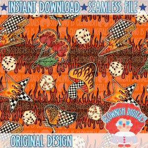 Y2K Grunge Seamless Pattern PNG | Flames, Dice, Cherries, Leopard Print | Digital Download