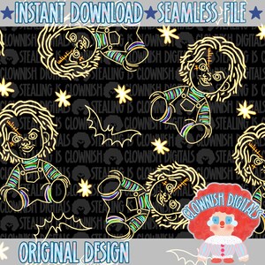 Motivo senza cuciture con bambola inquietante, carta digitale con bambola horror, file senza cuciture al neon spettrale per Halloween, design per tessuti ispirato a Rainbow Slasher
