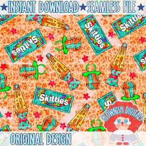 May include: A seamless digital pattern featuring repeating Skittles candy packages, lava lamps, and ring pops on an orange leopard print background with small pink flowers. The design includes the text Instant Download, Seamless File, and Clownish Digitals.