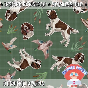 May include: A seamless pattern featuring brown and white dogs, ducks, and cattails on a green plaid background. The words "INSTANT DOWNLOAD", "SEAMLESS FILE", and "ORIGINAL DESIGN" are included in the design.