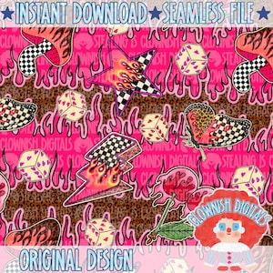 Y2K Girly Grunge Naadloos Patroon PNG | Vlammen, Dobbelstenen, Kersen, Luipaardprint | Digitale Download