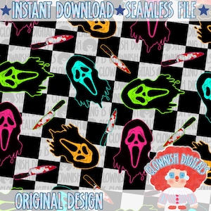 Neon Ghost Face Seamless Pattern | Horror Slasher Digital Paper | Digital Download