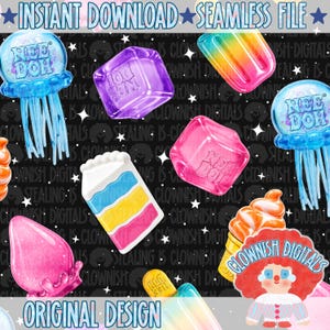Puede incluir: Un patrón digital con medusas Nee Doh, cubos coloridos, conos de helado y un personaje de payaso sobre un fondo negro con estrellas blancas. El texto dice INSTANT DOWNLOAD, SEAMLESS FILE, CLOWNISH DIGITALS y ORIGINAL DESIGN.