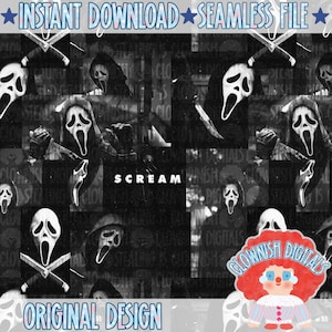 May include: A digital seamless pattern file featuring the Ghostface mask from the movie Scream, repeated in black and white with knives. The text reads INSTANT DOWNLOAD, SEAMLESS FILE, SCREAM, ORIGINAL DESIGN, and CLOWNISH DIGITALS with a clown icon.