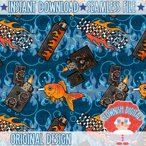 Unhinged Seamless File | Tattoo Flash Seamless Pattern | Smoking Goldfish Digital Paper | Flame Lighter Design | Instant Download