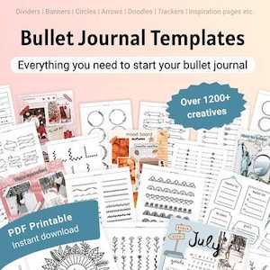 Könnte beinhalten: Eine Sammlung druckbarer Bullet-Journal-Vorlagen mit schwarz-weißen Strichzeichnungen, darunter Trennlinien, Banner, Kreise, Pfeile, Kritzeleien und Tracker. Der Text lautet Bullet Journal Templates, Everything you need to start your bullet journal, Over 1200+ creatives und PDF Printable Instant download.