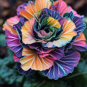 May include: A close-up of a decorative cabbage with vibrant colours. The leaves transition from deep purple to pink, orange, and yellow, creating a striking visual effect. The plant's intricate patterns and textures are clearly visible.