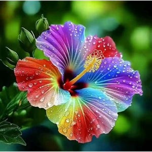 May include: A vibrant, multi-colored hibiscus flower with water droplets. The petals display a gradient of colors, including red, orange, yellow, green, blue, and purple. The flower has a prominent yellow stamen and is set against a blurred green background.