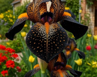 Fire Glow Bearded Iris Seeds – 50Pcs Vibrant Orange & Black Ruffled Blooms, Perennial Garden Flowers,