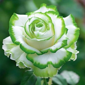 May include: A close-up of a white rose with vibrant green edges. The petals are layered, revealing the flower's center. The green borders the white petals, creating a striking contrast. The background is a soft, blurred green.