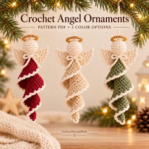 May include: Three crochet angel ornaments in red, beige, and green with white trim, featuring round heads, wings, and gold halos. The text reads: Crochet Angel Ornaments, PATTERN PDF, 3 COLOR OPTIONS, and VeloraDesignHub.
