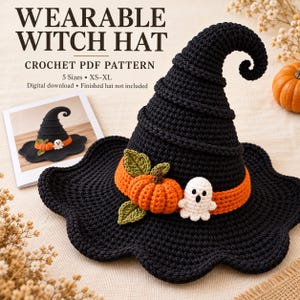 Crochet Witch Hat Pattern PDF, Wearable Halloween Hat with Pumpkin & Ghost, 5 Sizes,  Halloween crochet, witch costume
