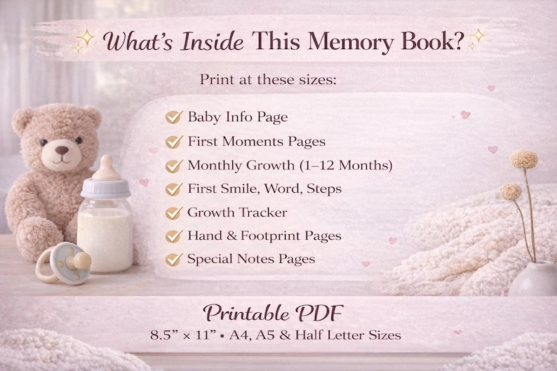 Baby Girl Memory Book Printable | Milestone Journal, First Year ...
