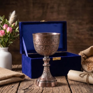 May include: A copper-colored chalice with ornate detailing, set against a blue velvet-lined box. The chalice has a detailed stem and bowl, with a floral arrangement and a scroll nearby. The background is a wooden surface.