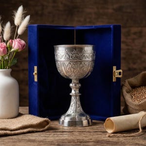 Könnte beinhalten: Ein silberner Kelch mit kunstvollen floralen Details steht vor einer blauen Samtbox. Der Kelch steht auf einer Holzoberfläche, mit einer Vase mit rosa Rosen und einer gerollten Pergamentrolle. Ein Jutesack mit Getreide ist ebenfalls zu sehen.