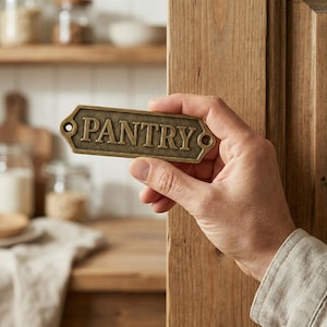 Puede incluir: Un letrero de bronce con la palabra "PANTRY" sostenido en una mano. El letrero es rectangular con bordes redondeados y dos agujeros para montaje. El fondo muestra una puerta de madera y estantes.