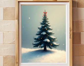 Festive Pine Tree, Vintage Christmas Tree Wall Art, Christmas Decor Wall art, Red Bow Christmas Tree, Neutral Holiday Decor Digital Download