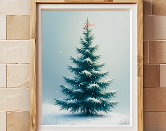 Vintage Christmas Tree Wall Art, Festive Pine Tree, Christmas Decor Wall art, Red Bow Christmas Tree, Neutral Holiday Decor Digital Download
