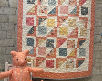 Handmade Peach Floral Baby Quilt & Teddy Bear Set | Nursery Keepsake Bundle