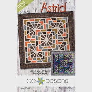 May include: A PDF pattern for a quilt named "Astrid" with three size options. The quilt design features geometric patterns in shades of orange, brown, and cream. The lap size is 65" x 65". The pattern is from Ge Designs Iceland.