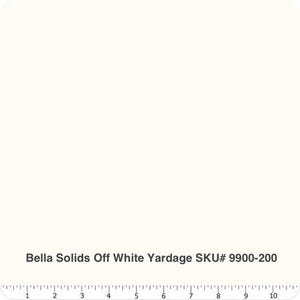 May include: Off-white fabric yardage with the text "Bella Solids Off White Yardage SKU# 9900-200" at the bottom. A ruler is at the bottom of the image, with measurements from 1 to 10 inches.