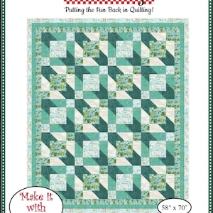 May include: A quilt pattern titled "Spectrum" by Fabric Café. The quilt design features a geometric pattern in shades of teal, white, and green. The pattern is 58 inches by 70 inches and requires 5 yards of fabric.