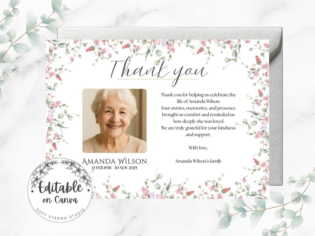 Floral Funeral Thank You Card • Memorial Appreciation Note ...
