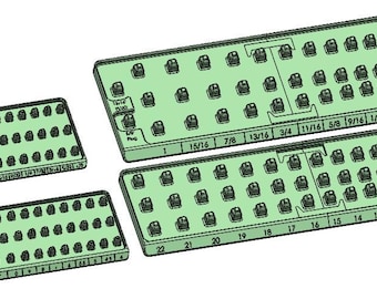 May include: Four green socket organiser trays with black sockets. The trays are labelled with fractional inch measurements and numbers. The trays are designed to hold various sizes of sockets for mechanical work.