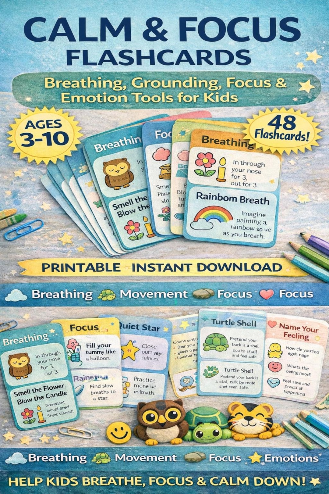 Calm & Focus Flashcards for Kids – Coping Skills, Emotional Regulation ...