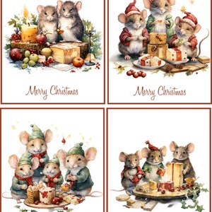 8 Christmas Mice Mouse family cheese glossy blank cards includes red envelopes