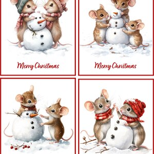 8 Christmas Mice Mouse with Snowman glossy blank fold out Christmas Card with red envelopes