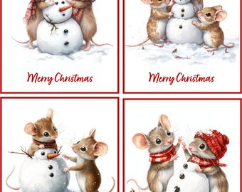 8 Christmas Mice Mouse with Snowman glossy blank fold out Christmas Card with red envelopes