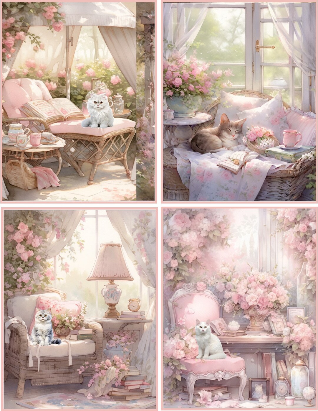 Cat Kitten Vintage Victorian Pink Roses Reading Books 8 Glossy Blank ...