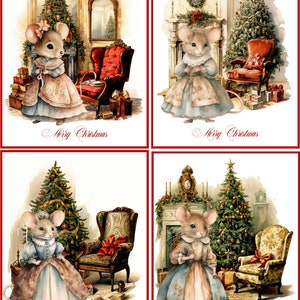 Christmas Holiday mice mouse watercolor living room 8 blank cards red envelopes