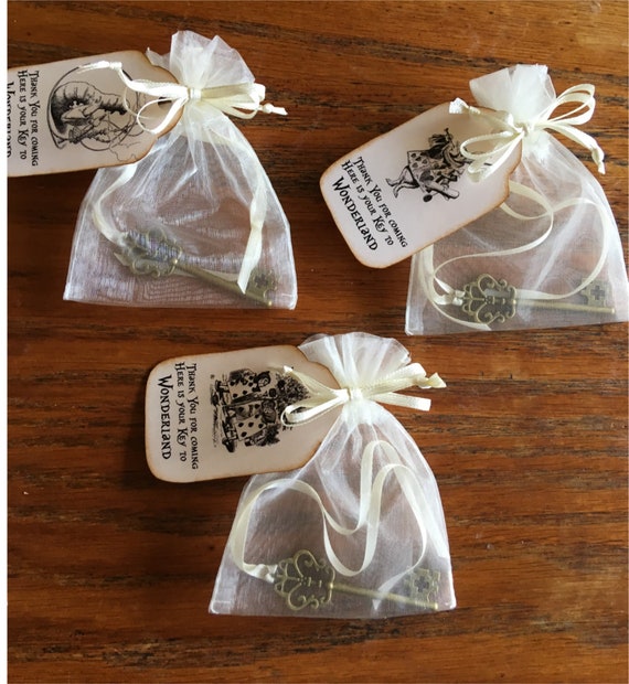 Alice in Wonderland 6 party favors key to wonderland necklace with organza bag