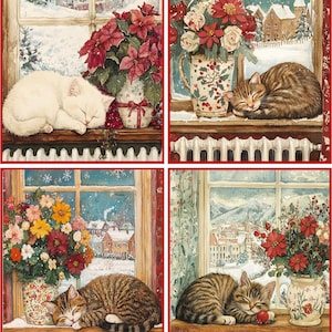 May include: A four-panel artwork depicting cozy winter scenes. Each panel shows a sleeping cat on a windowsill, with a snowy landscape visible through the window. Poinsettias and other flowers in vases add color to the scenes.