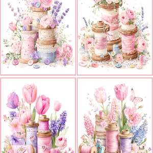 May include: Watercolor illustrations of sewing-themed art. Each features spools of thread, buttons, and floral arrangements of pink roses, lavender, and tulips. The art has a vintage, romantic aesthetic with soft pastel colors.