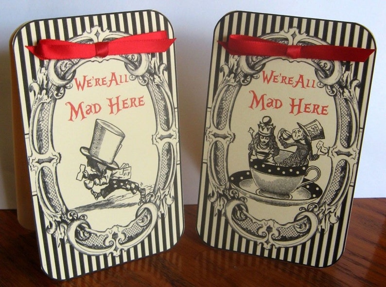 Alice in Wonderland Mad Hatter tea party tent table cards party decoration set of 8 silk ribbons
