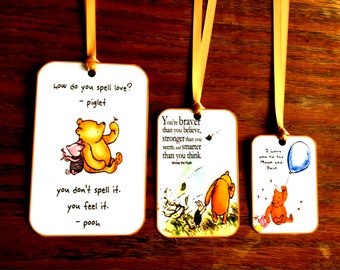 Winnie the Pooh classic quotes on 12 party tags with silk ribbon small, medium or large with silk ribbon baby shower