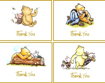 Classic Winnie the Pooh 8 Thank you notes baby shower, baby birthday with envelopes and 1.5&quot; stickers