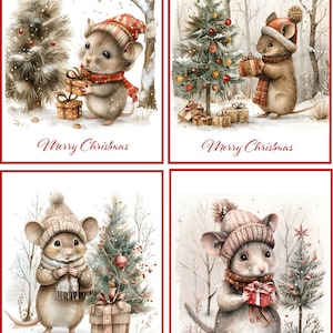 8 Christmas Mice Mouse forest vintage glossy blank Christmas Card red envelopes