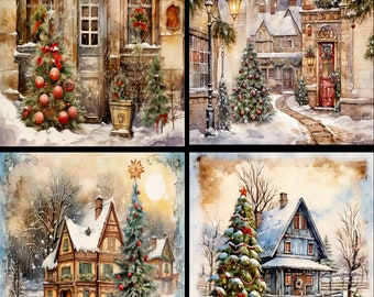 Christmas Holiday Vintage Victorian Village watercolor 8 glossy blank cards red envelopes