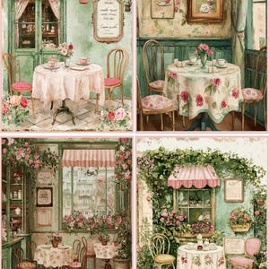 May include: Four different illustrations of charming Parisian cafes with floral accents, featuring tables with white tablecloths and floral patterns, chairs, and greenery. The cafes have signs with French text, including "Croissants, sandwiches, milk, coffee, cakes, and pastries".