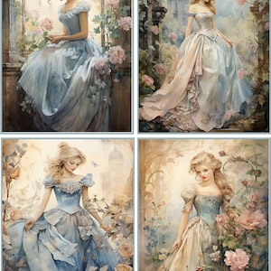 May include: Four digital paintings of a woman in a blue and white gown standing in a garden setting. The woman is surrounded by flowers and greenery. The paintings are in a romantic style.