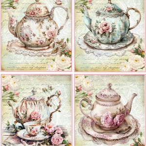 May include: Four vintage teapots with floral designs and lace accents. Each teapot is on a white lace doily with a background of handwritten text.