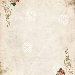 May include: Vintage-style paper with a beige background, adorned with floral and scroll corner designs in gold and white. Features pink and red roses. The paper has a textured, aged appearance.
