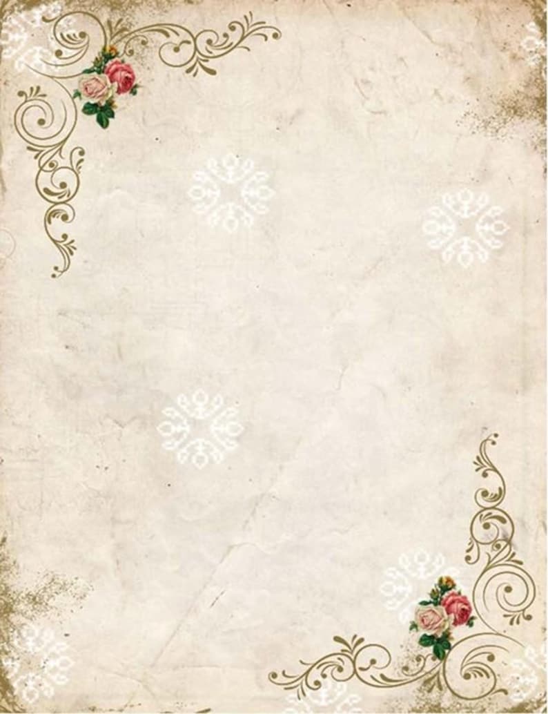 May include: Vintage-style paper with a beige background, adorned with floral and scroll corner designs in gold and white. Features pink and red roses. The paper has a textured, aged appearance.