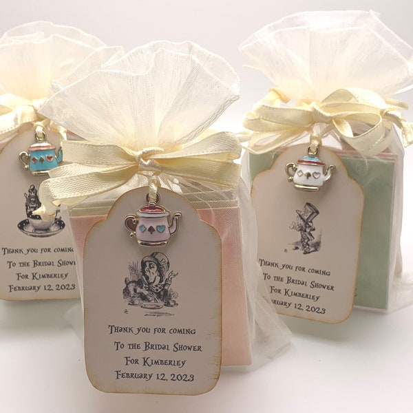 Alice in Wonderland 6 bridal shower party favors with organza bag 1 tea bag envelope, personalized tag with charm and honey dipper