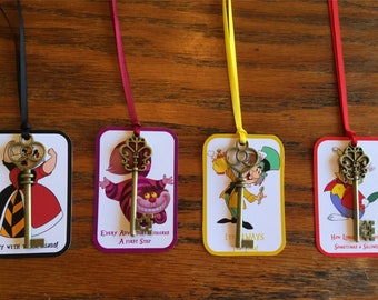 Alice in Wonderland 12 cartoon party tags with bronze keys